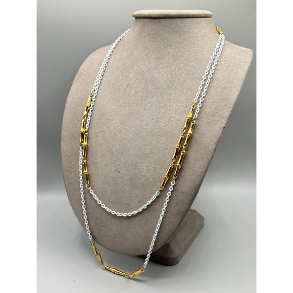 Vintage Signed TRIFARI Gold Tone and White Enamel Super Long Chain Necklace - Picture 6 of 10